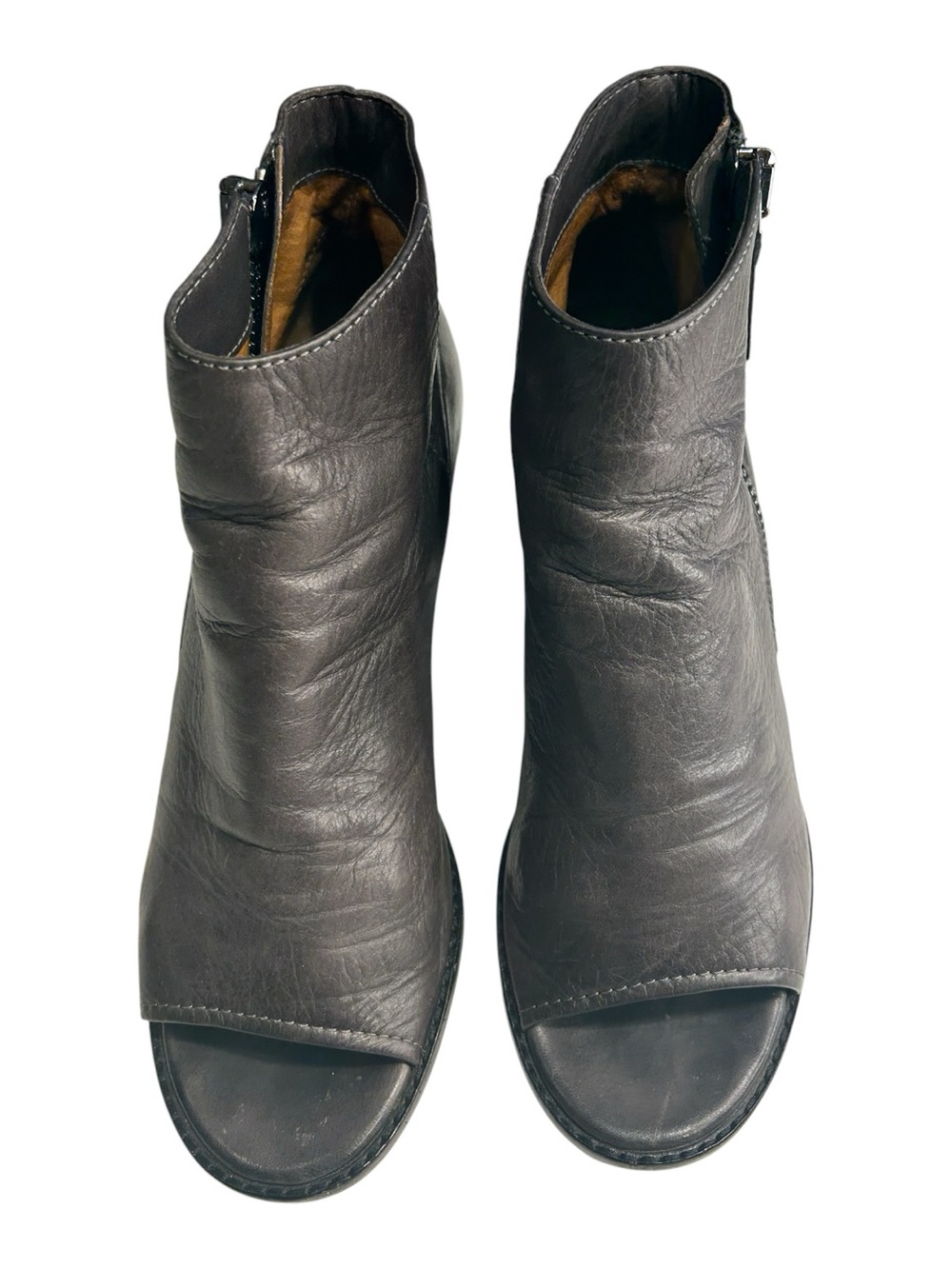 Frye Leather Peep Toe Ankle Booties Gray Block Heel Zip Size 9M Western Boho